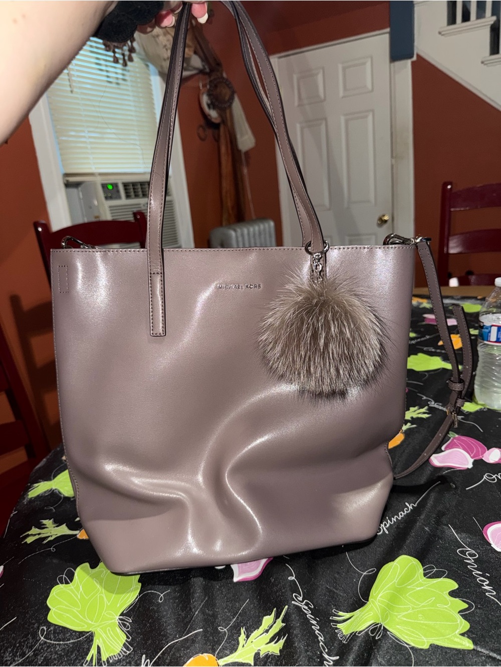 Michael Kors Mauve Leather Tote with Fur Pom Charm